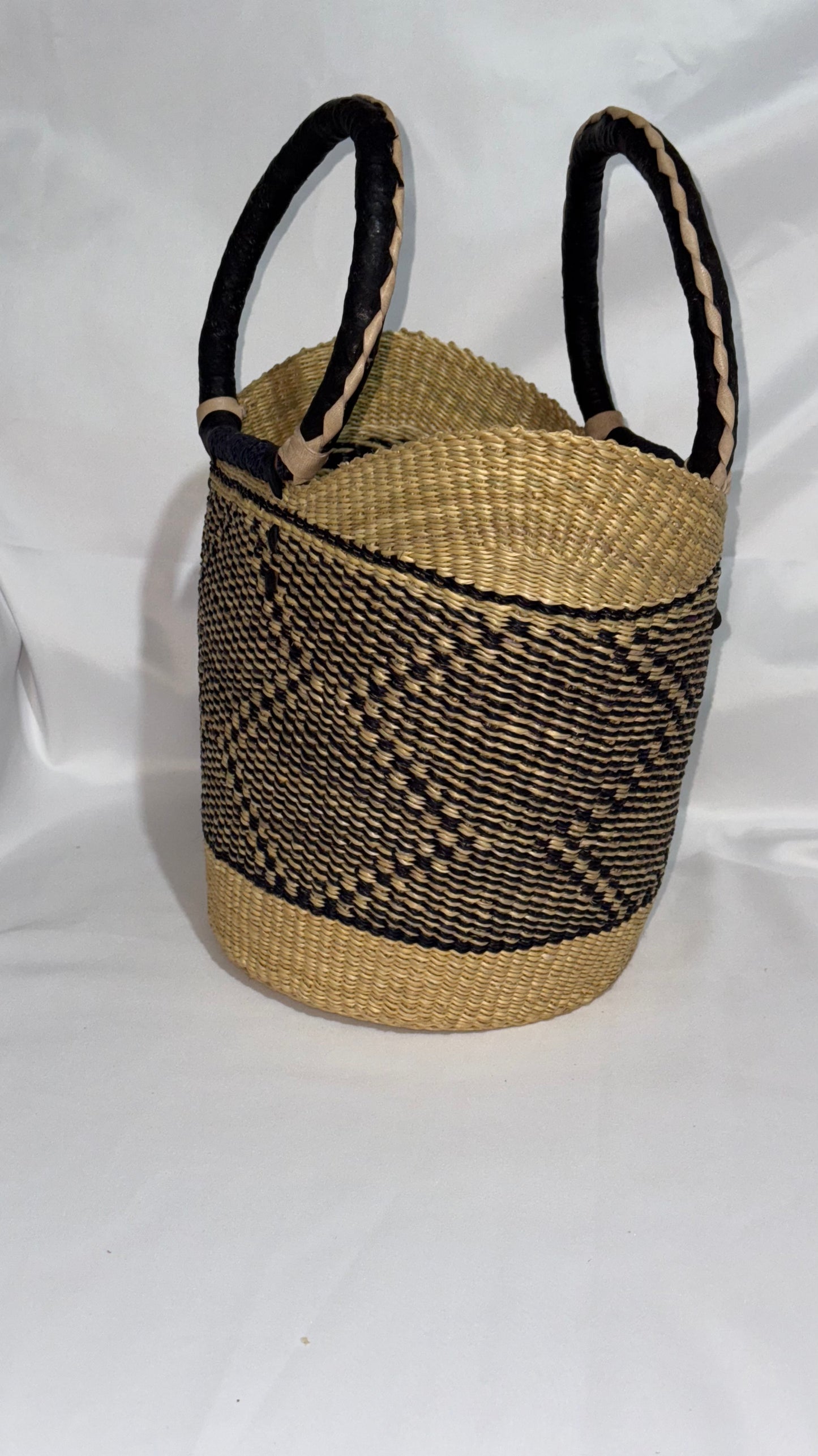 Stylish medium U-Shopper hand woven basket (leather handles)