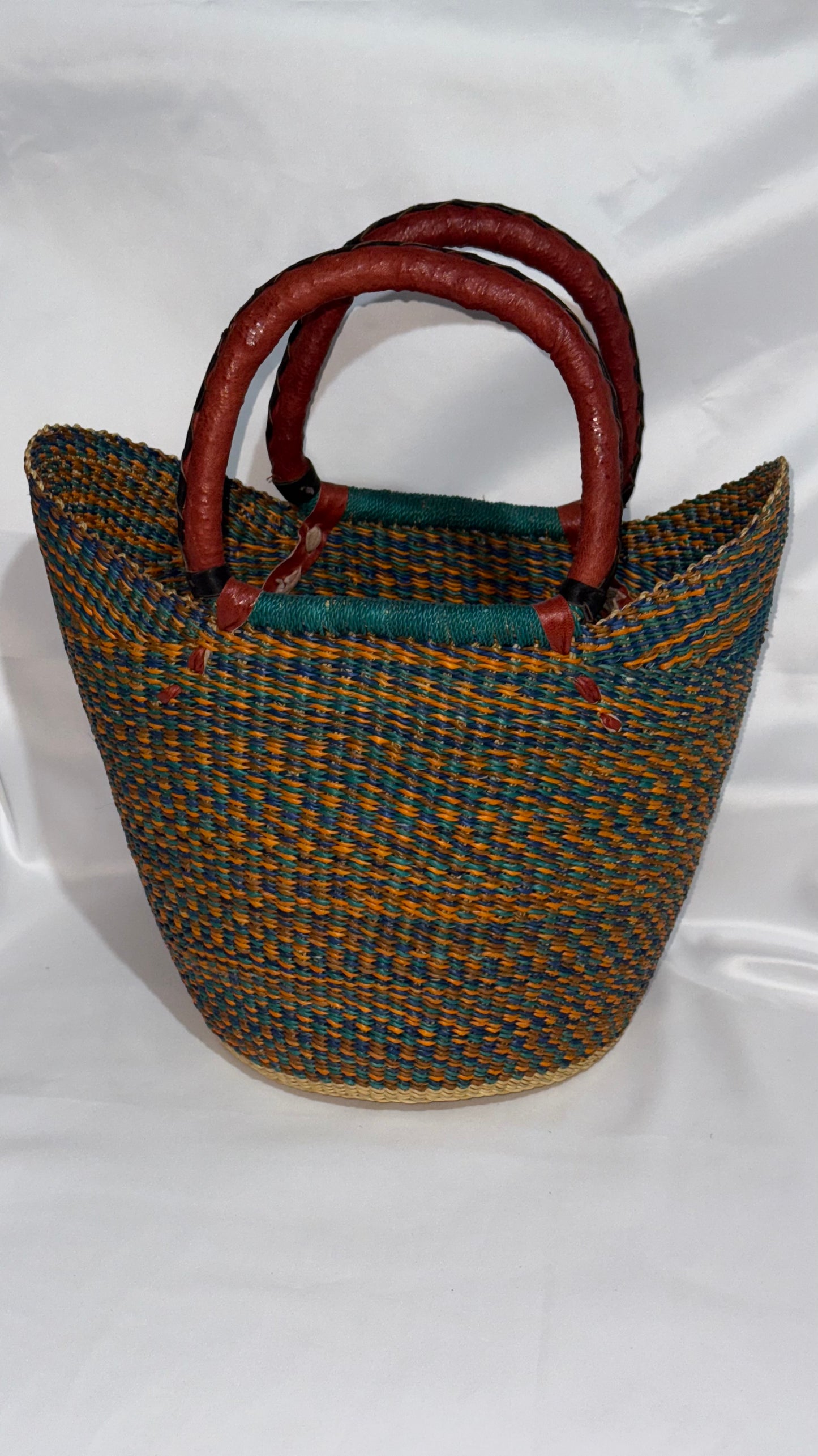 Stylish medium U-Shopper hand woven basket (leather handles)