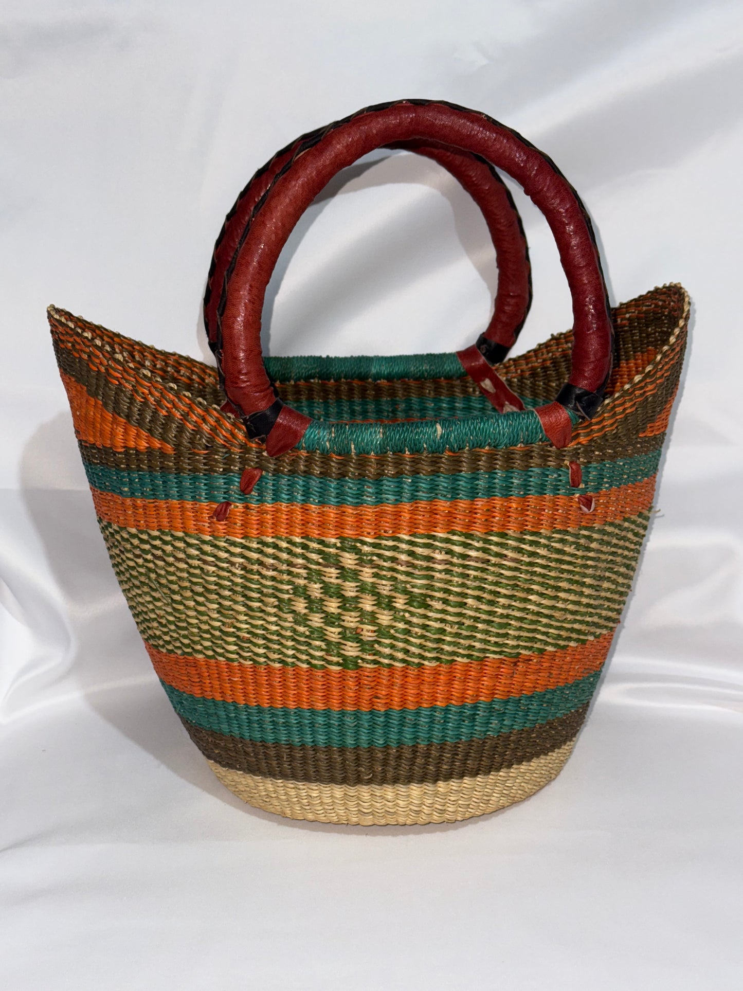 Stylish medium U-Shopper hand woven basket (leather handles)