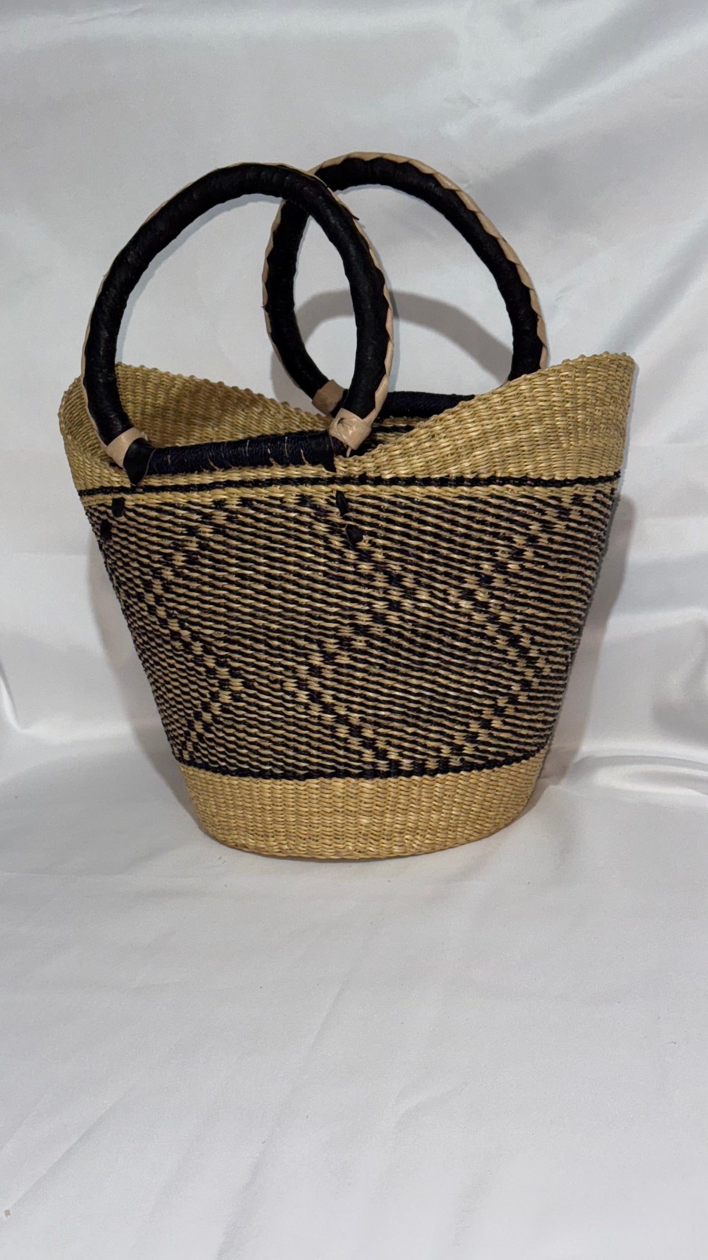 Stylish medium U-Shopper hand woven basket (leather handles)