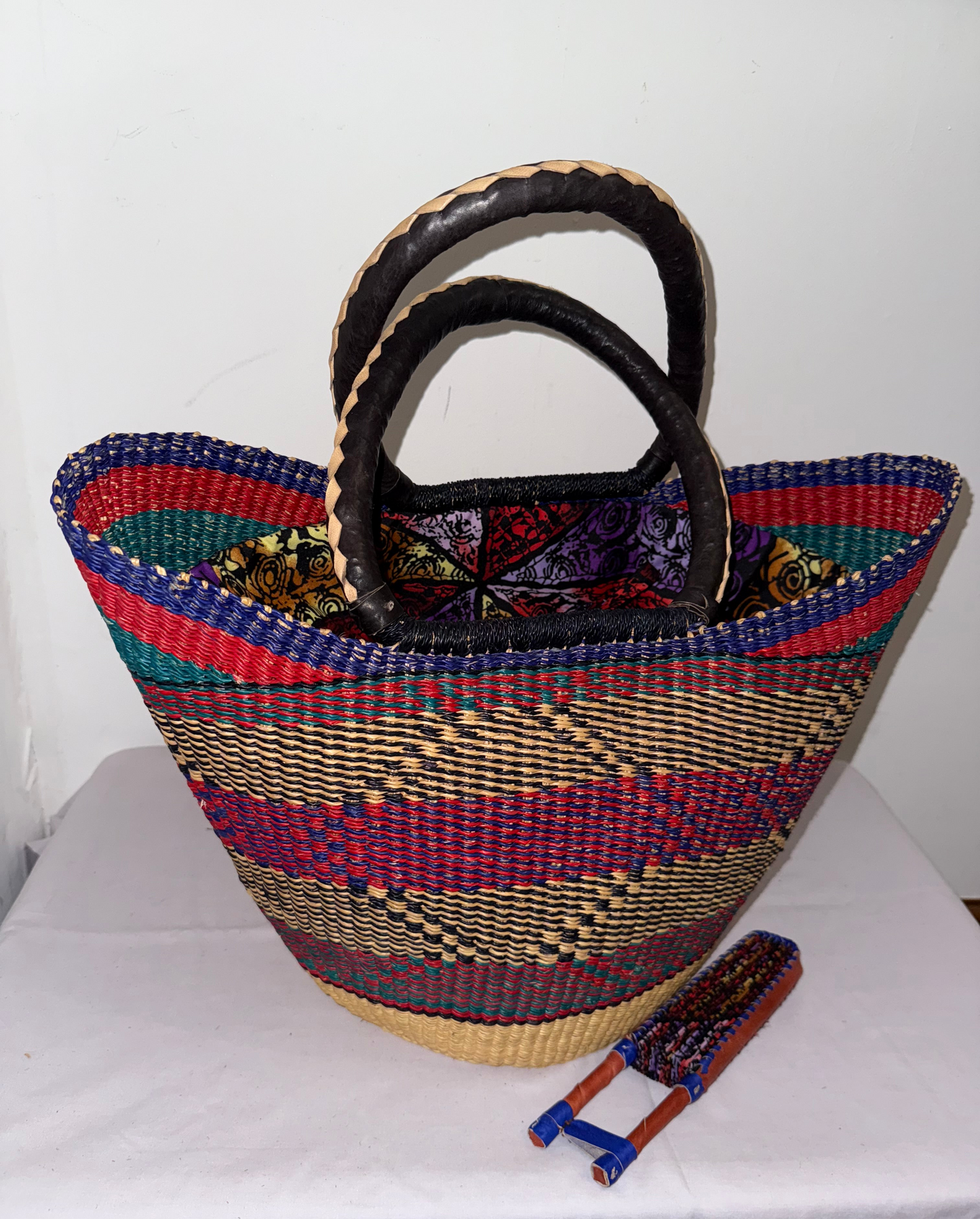 Large U basket with ankara fabric draw string & matching fan