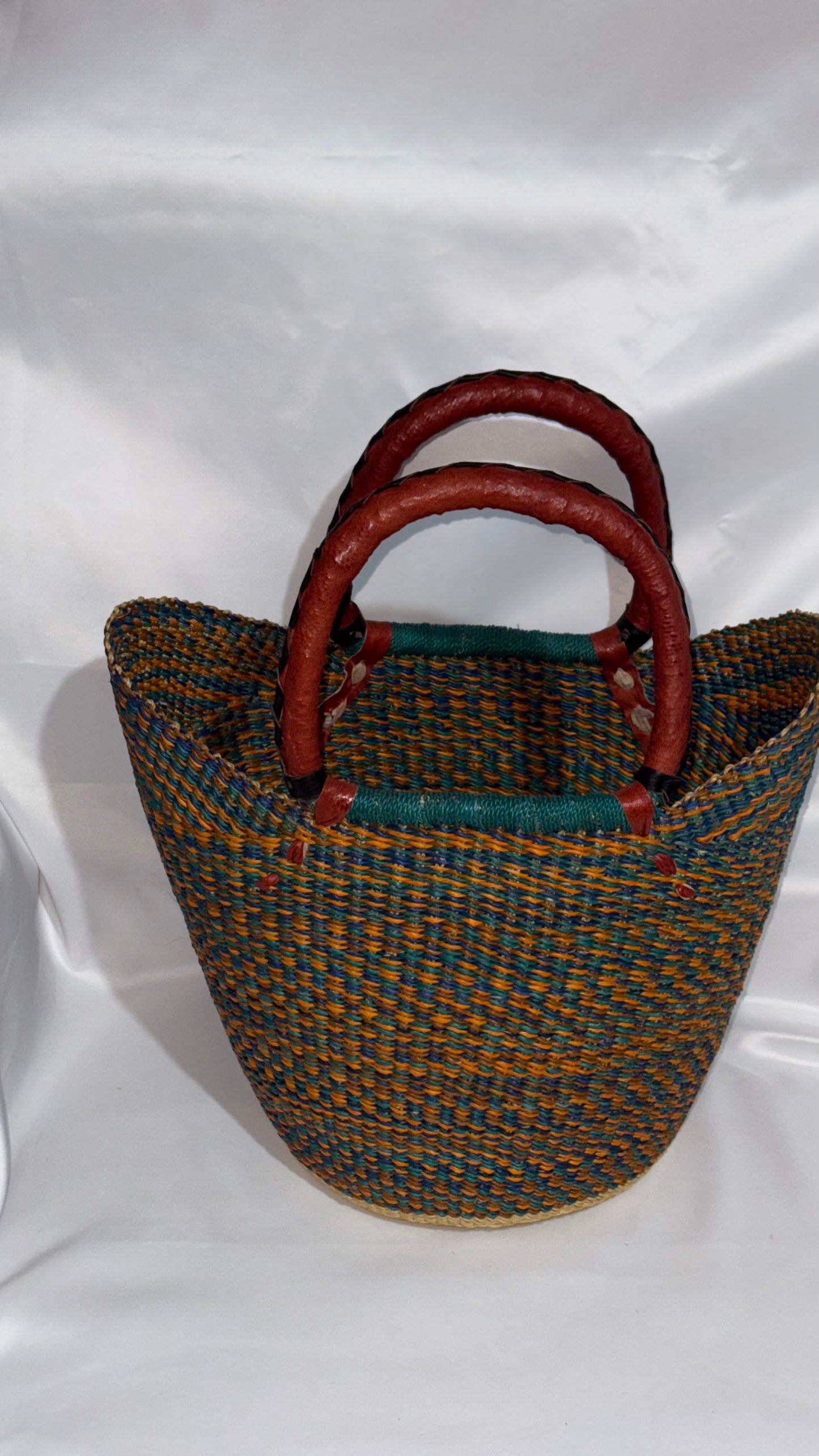 Stylish medium U-Shopper hand woven basket (leather handles)