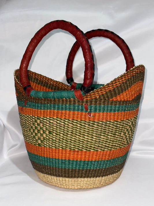 Stylish medium U-Shopper hand woven basket (leather handles)