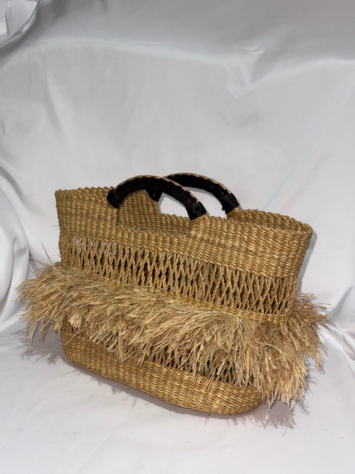 Stylish Raffia hand woven basket bag (leather handles)