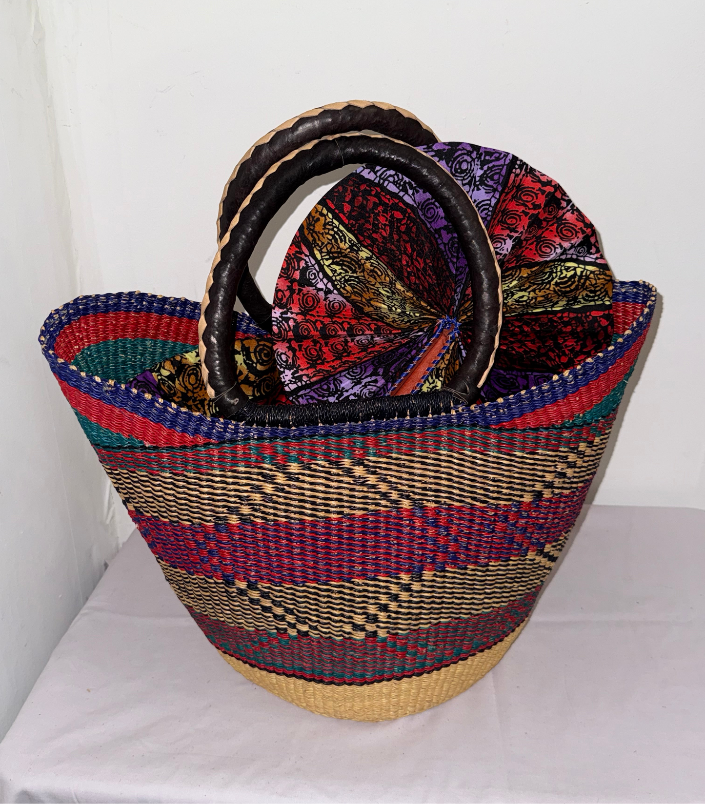Large U basket with ankara fabric draw string & matching fan