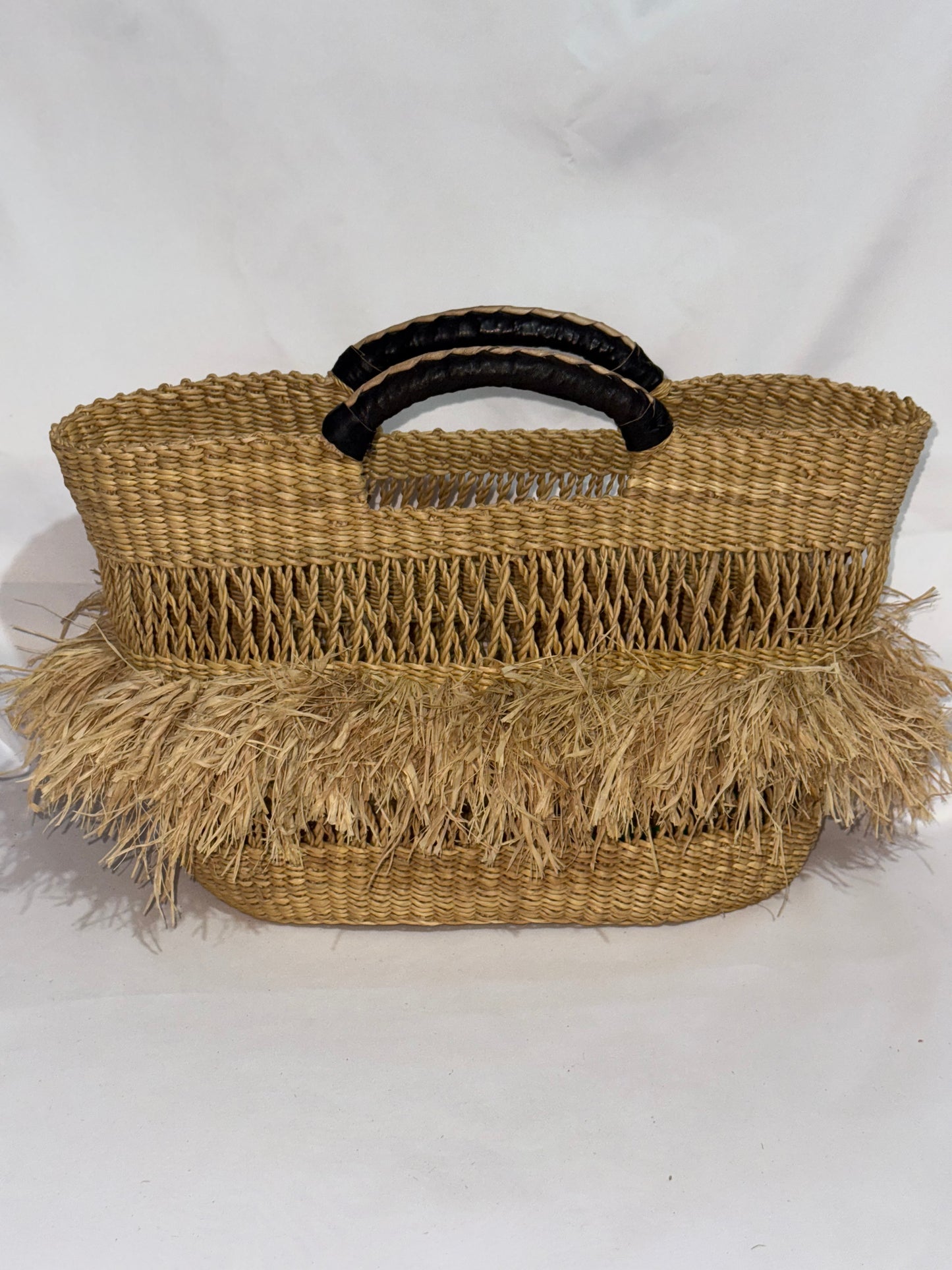 Stylish Raffia hand woven basket bag (leather handles)