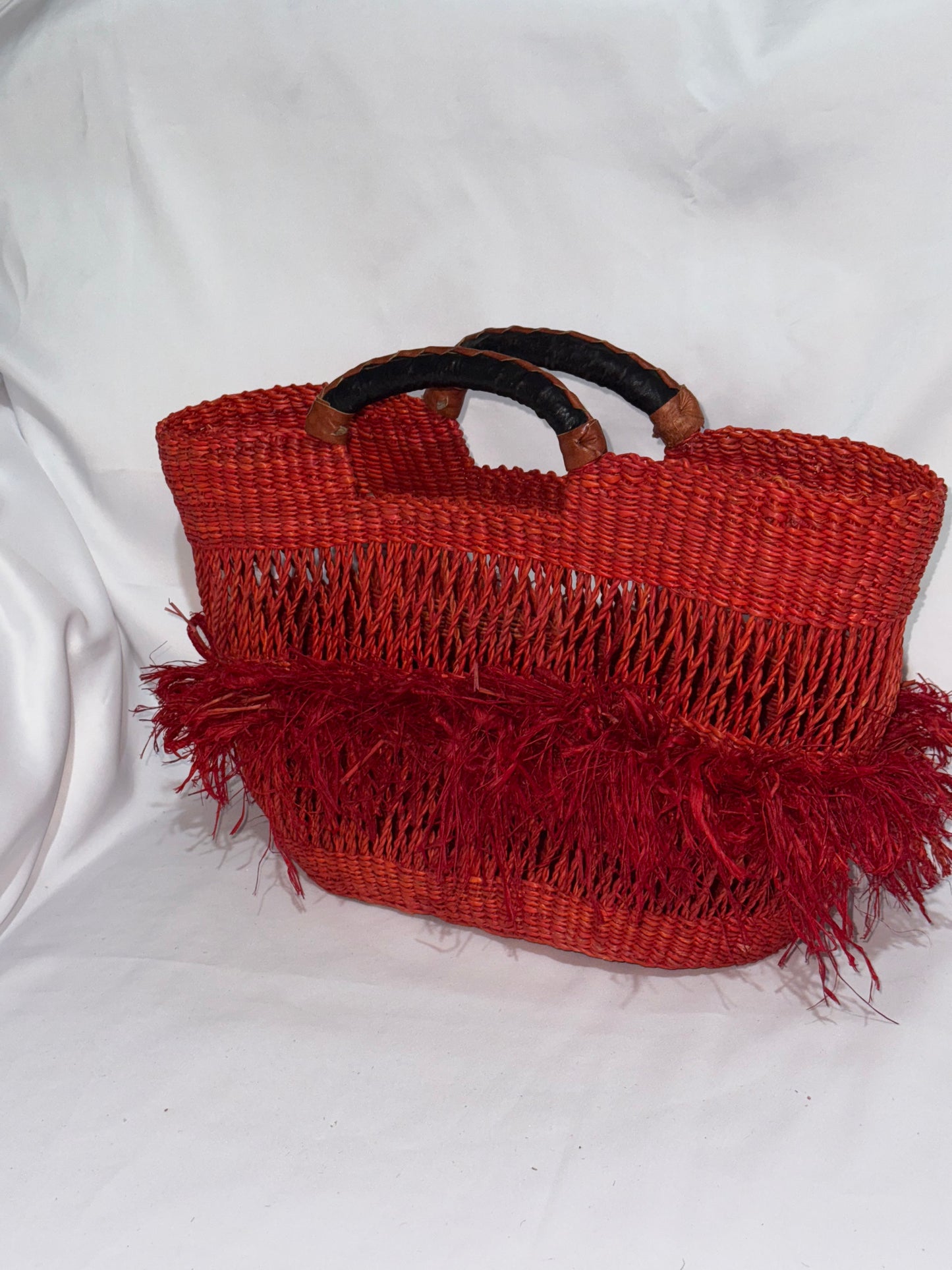 Stylish Raffia hand woven basket bag (leather handles)