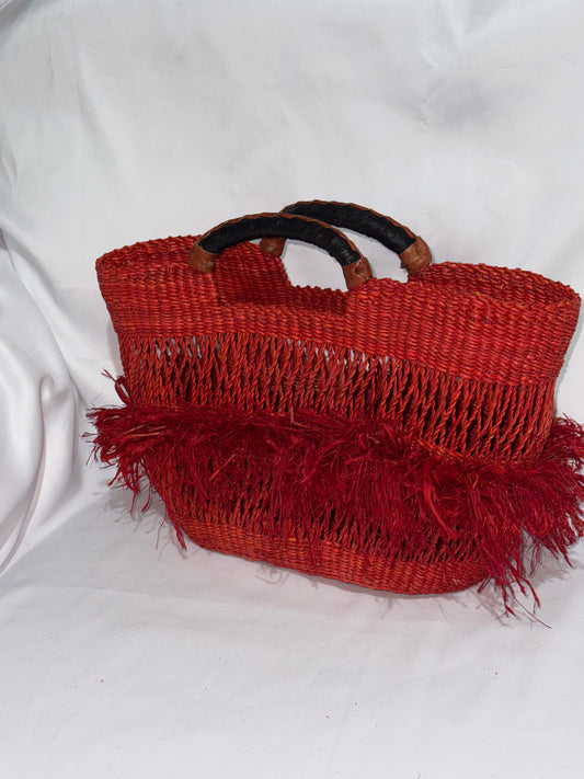 Stylish Raffia hand woven basket bag (leather handles)