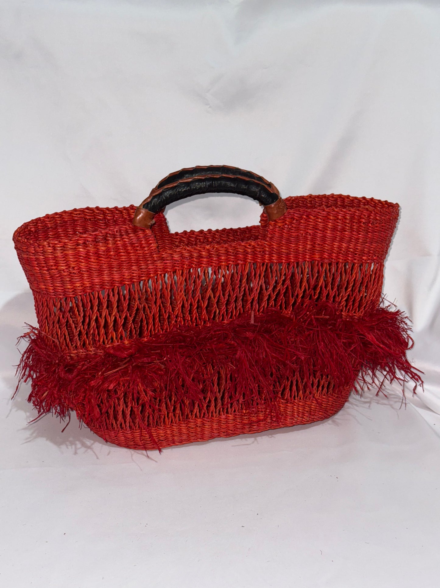 Stylish Raffia hand woven basket bag (leather handles)