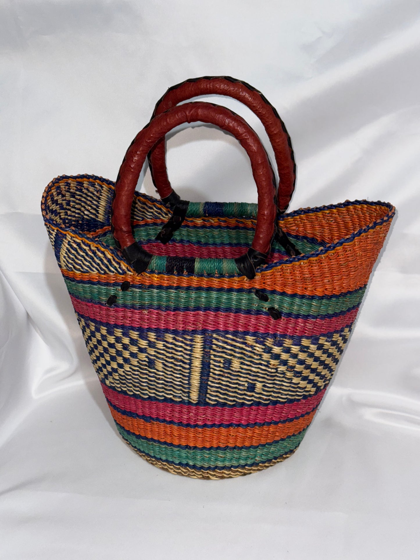 Stylish medium U-Shopper hand woven basket (leather handles)