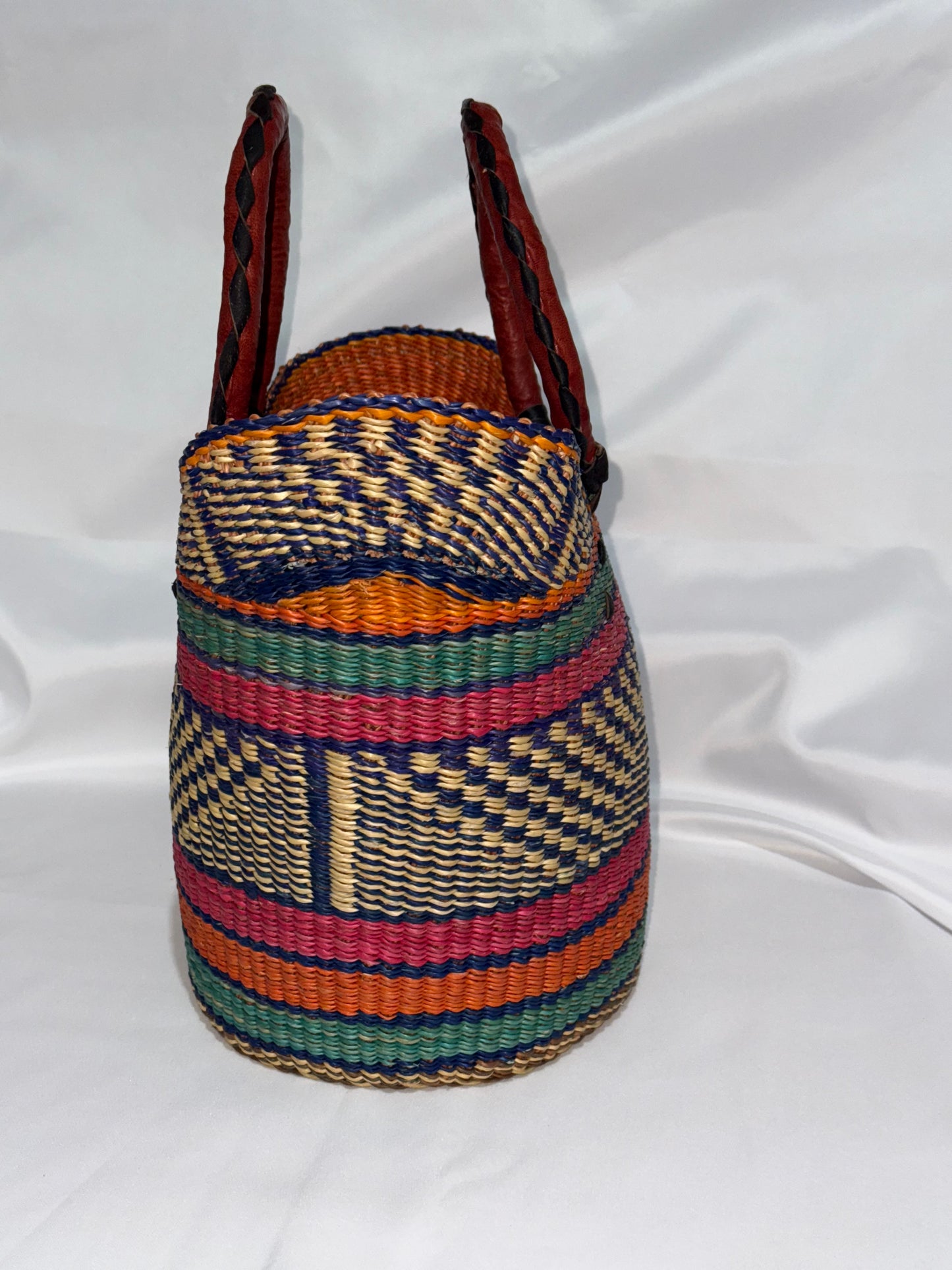 Stylish medium U-Shopper hand woven basket (leather handles)