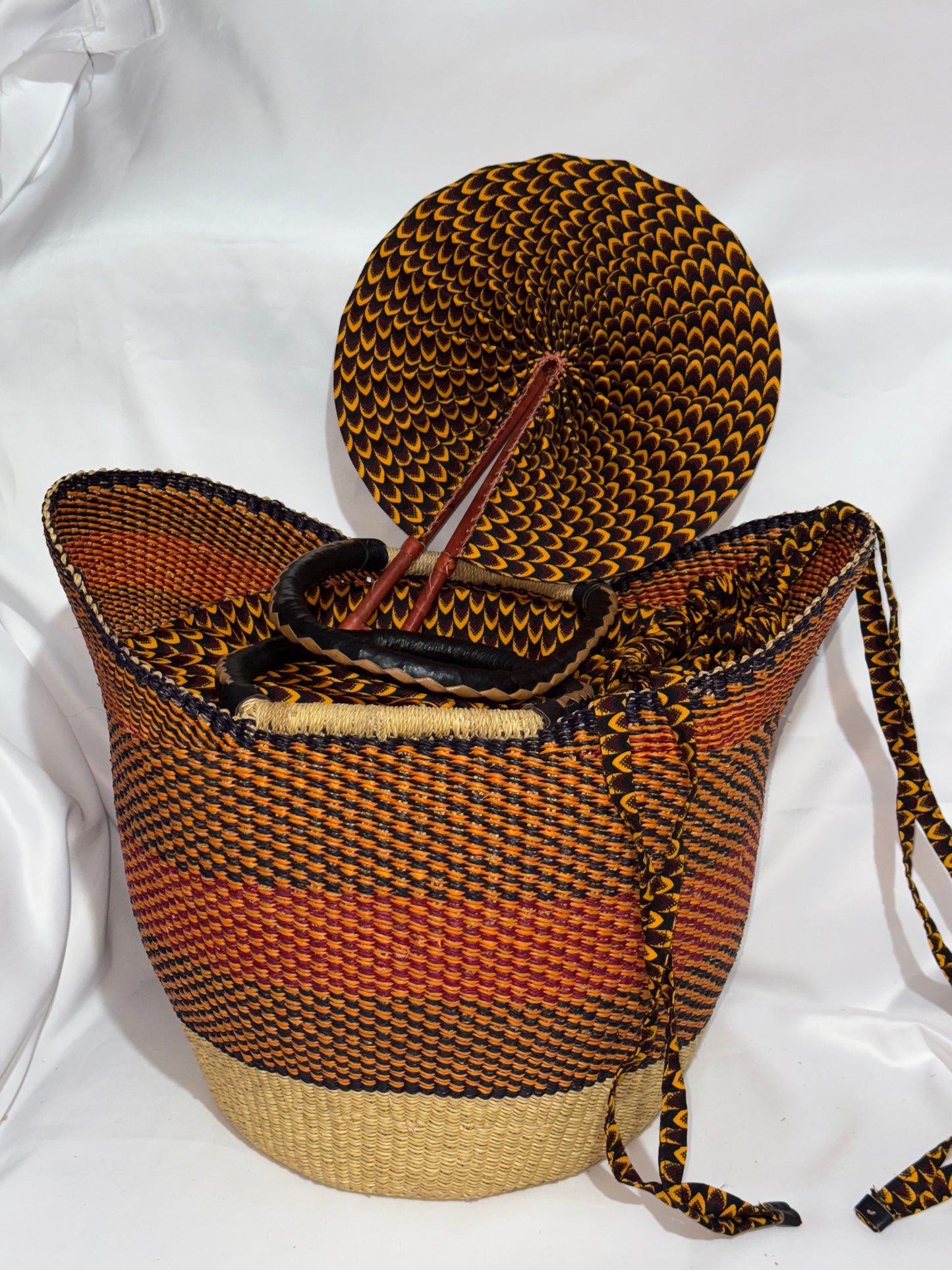 Large U basket with ankara fabric draw string & matching fan