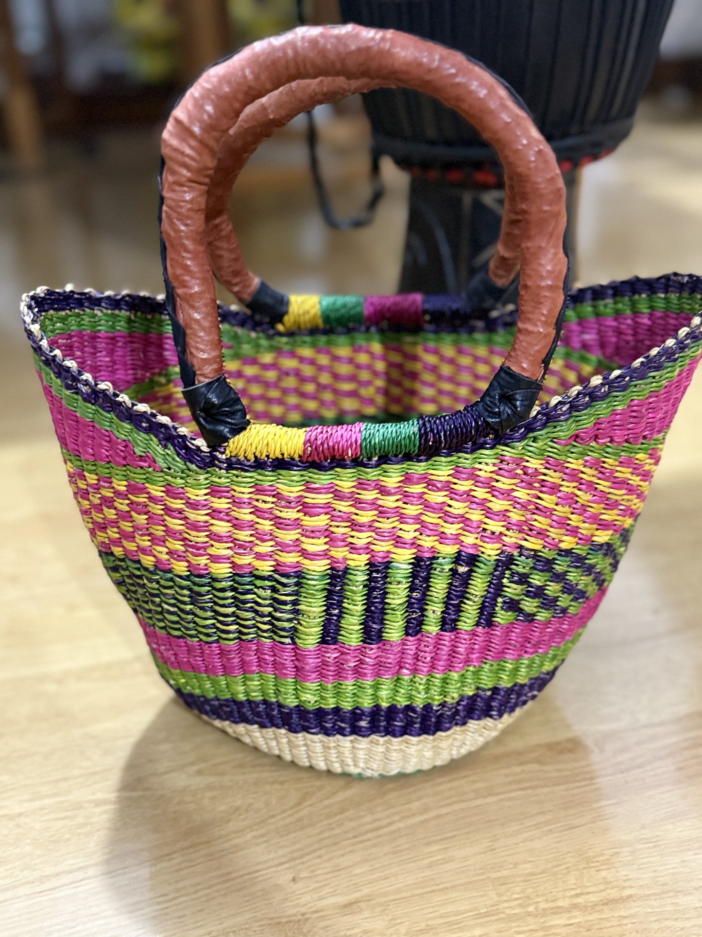 Stylish small U-Shopper hand woven basket (leather handles)