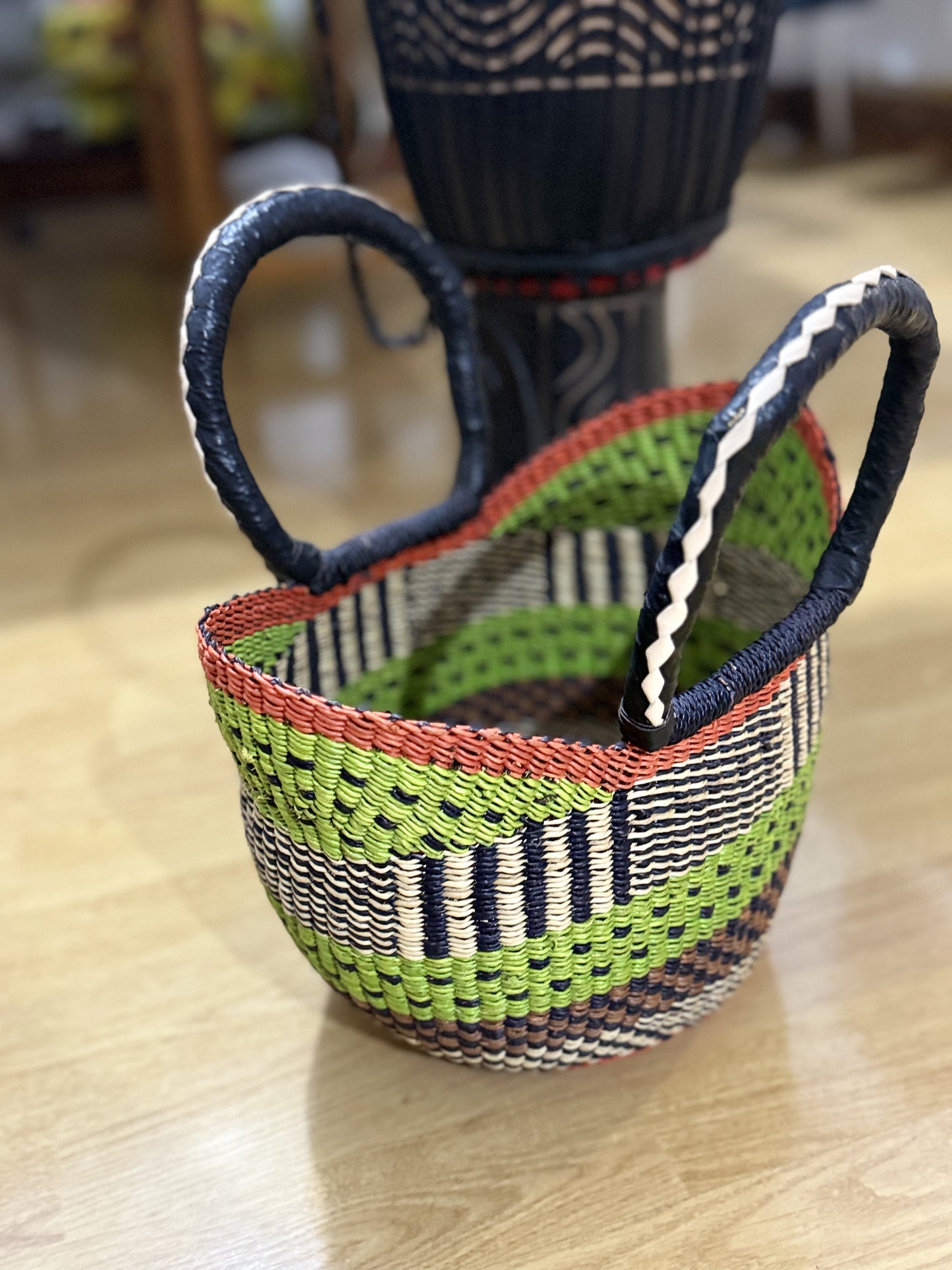 Stylish small U-Shopper hand woven basket (leather handles)