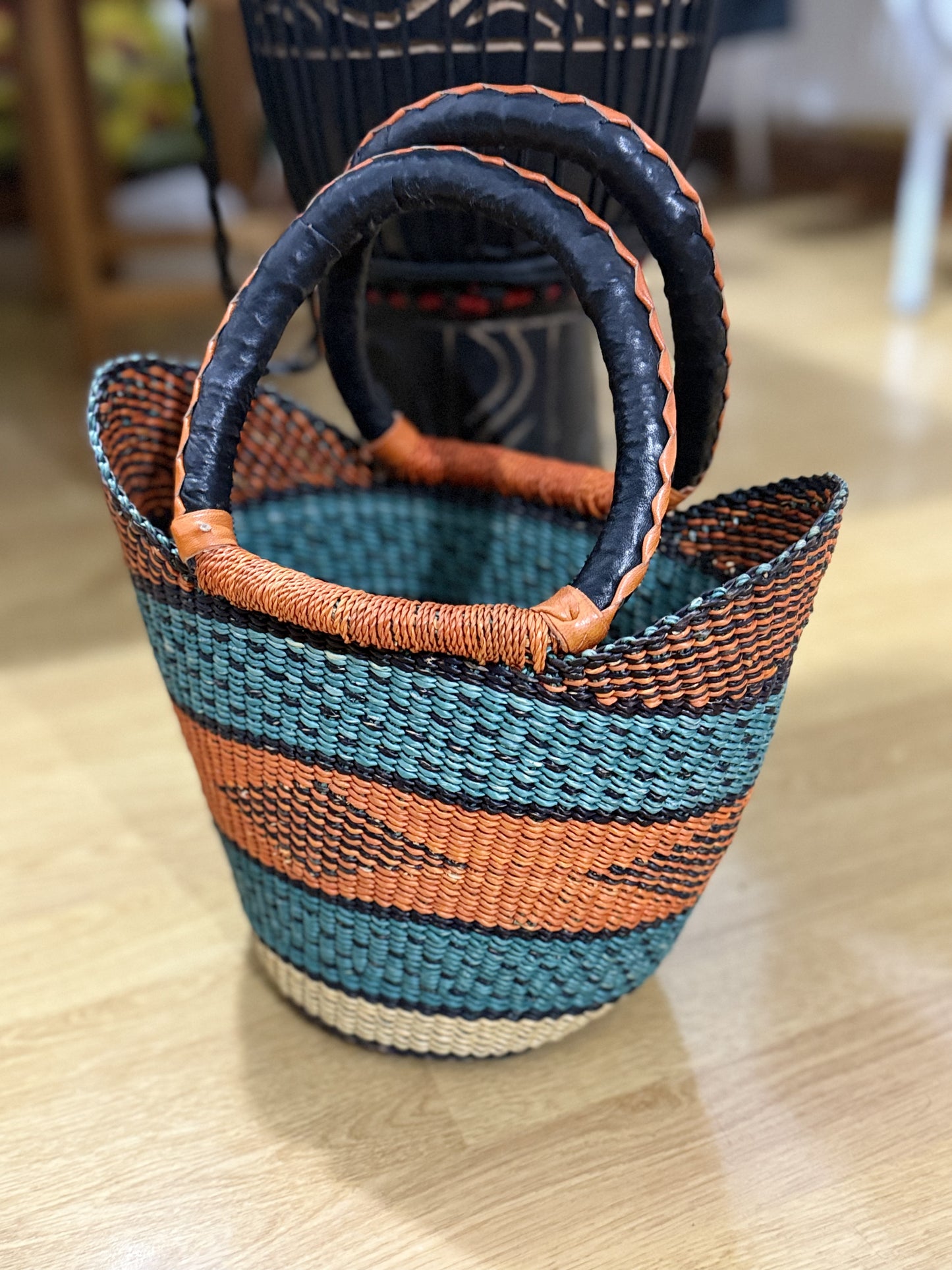Stylish small U-Shopper hand woven basket (leather handles)