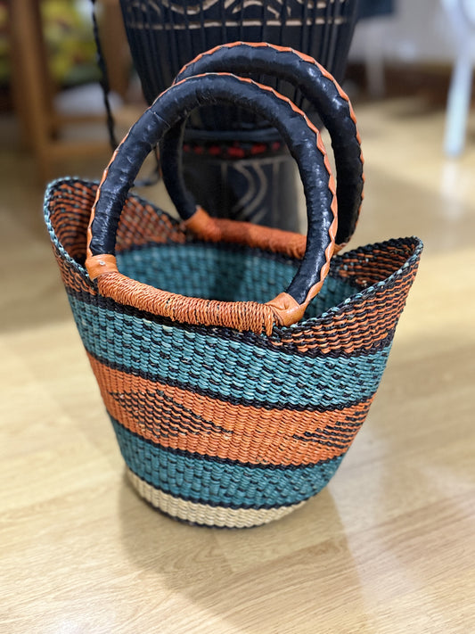Stylish small U-Shopper hand woven basket (leather handles)